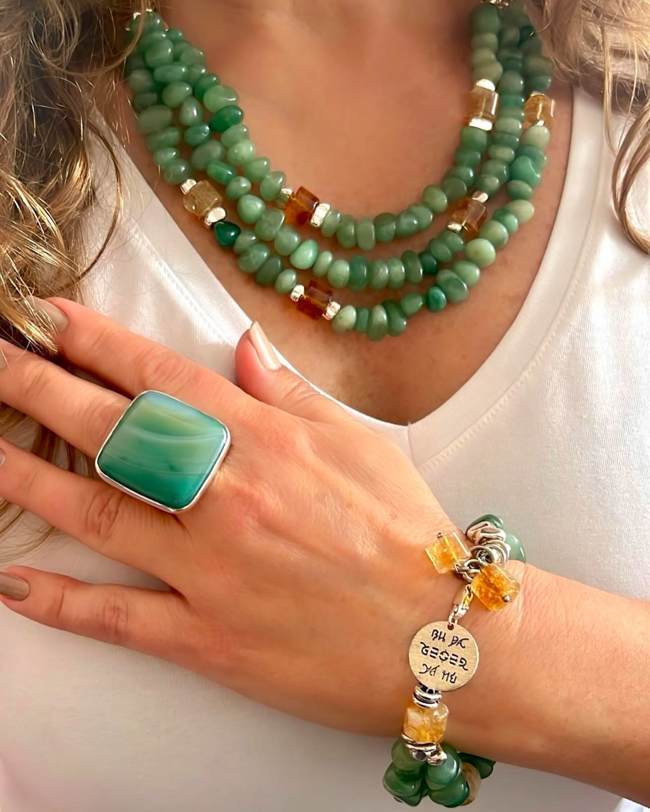 Doğaltaş Gümüş Aventurin Taşlı Set