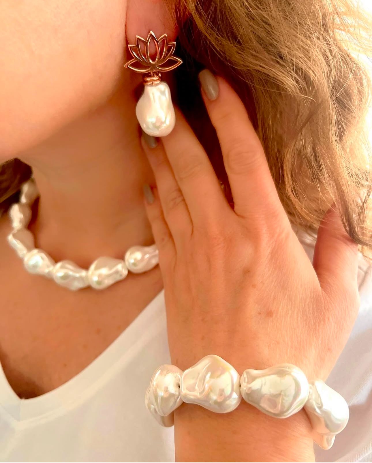 Doğaltaş Gümüş Rose Kaplama Barok İnci Set