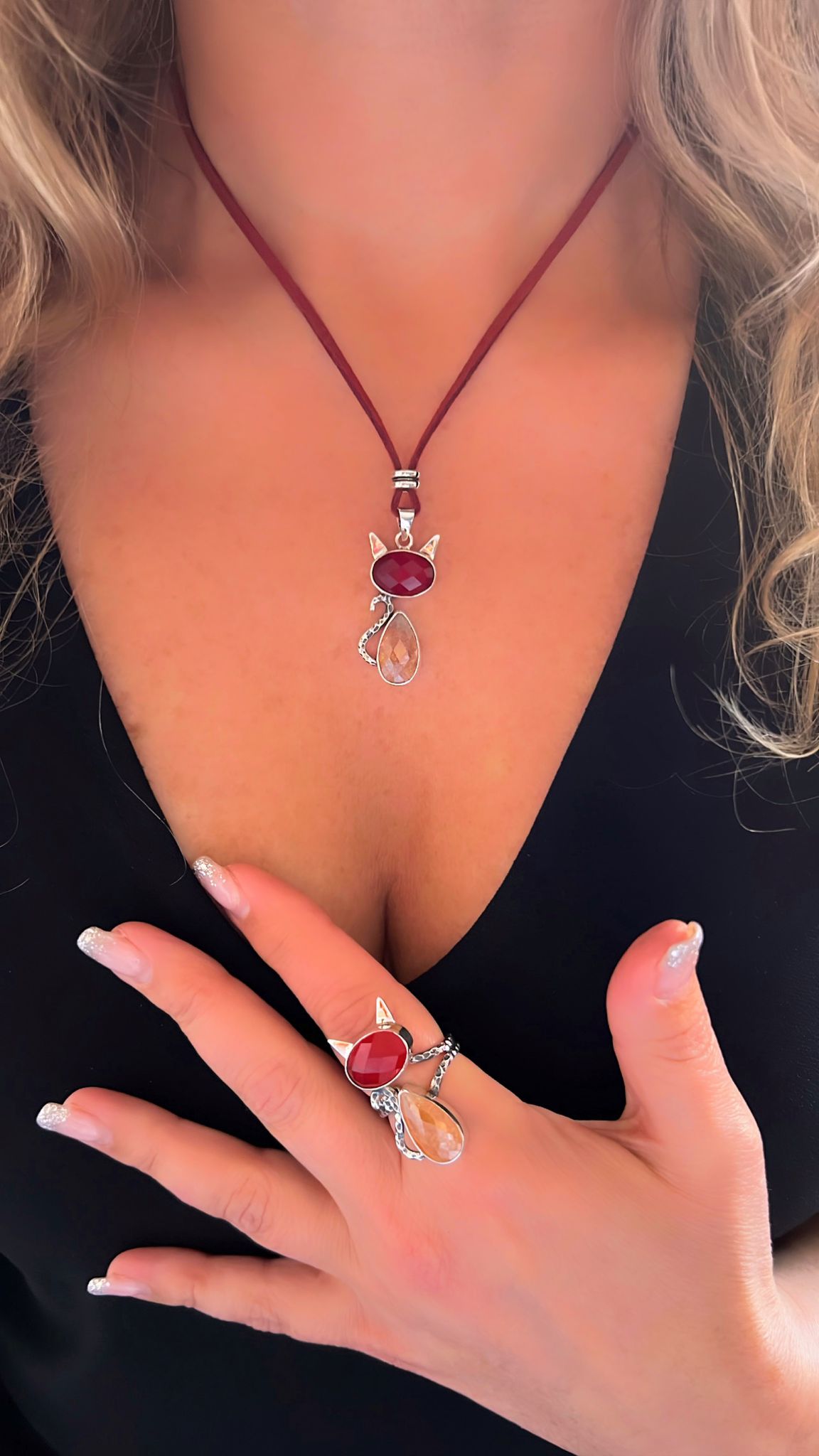 Doğaltaş Gümüş Özel Tasarım Kedi Lal Sitrin Taşlı Set