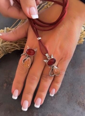 Doğaltaş Gümüş Özel Tasarım Kedi Lal Sitrin Taşlı Set