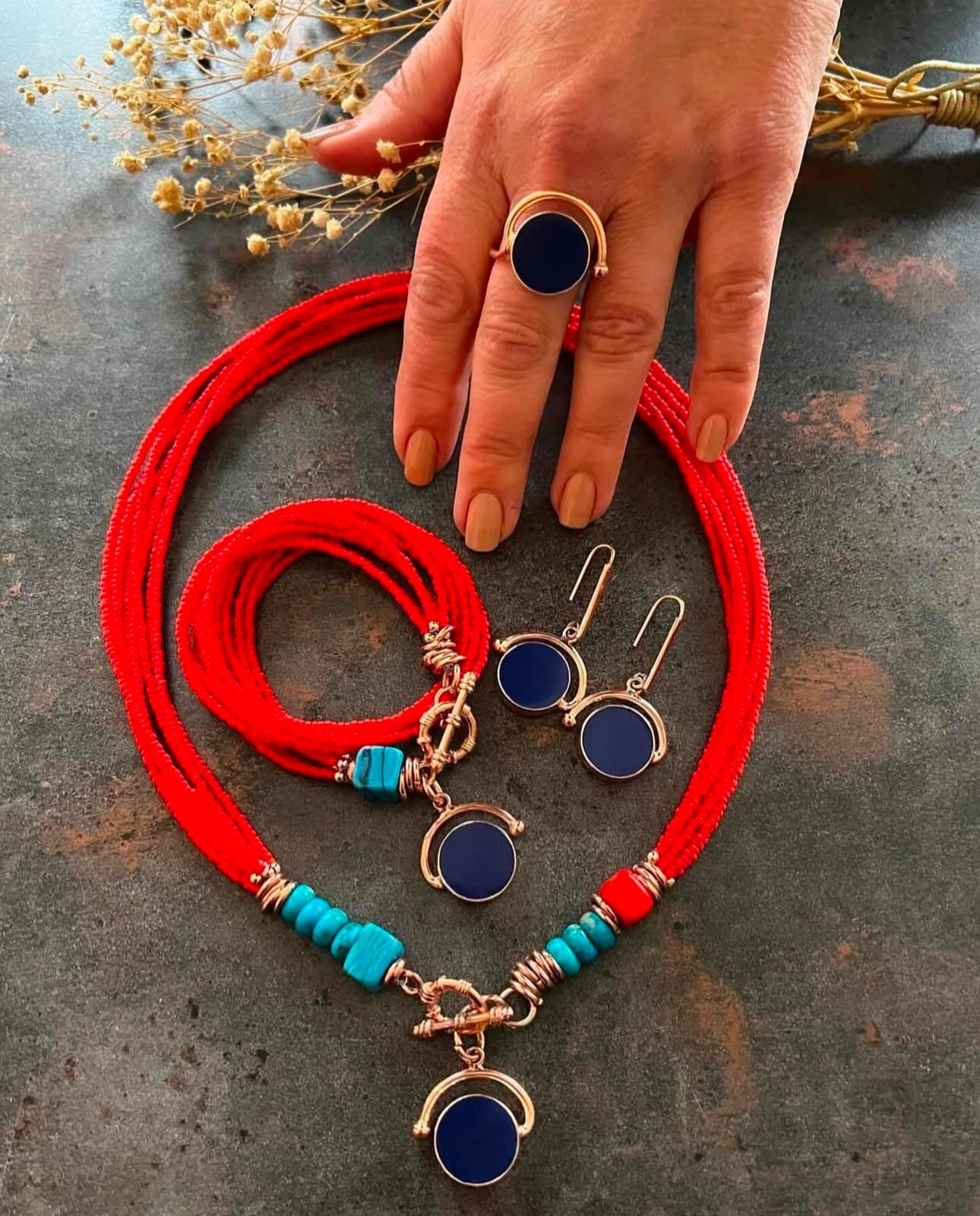 Doğaltaş Gümüş Rose Mercan Mavi Akik Set