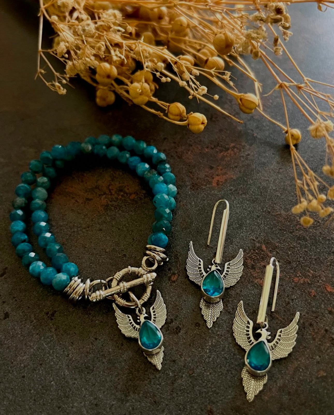 Doğaltaş Gümüş Anka Kuşu Bileklik ve Küpe Set