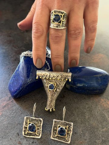 925 Ayar Gümüş Özel Tasarım Safir Taşlı Set