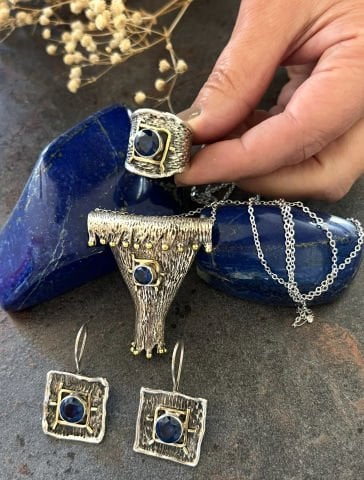 925 Ayar Gümüş Özel Tasarım Safir Taşlı Set