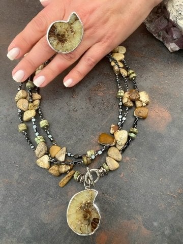 Doğaltaş Gümüş Fosil Ağaç Jasper Taşlı Set