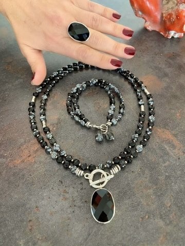 Doğaltaş Gümüş Onix Obsidyen Taşlı Set