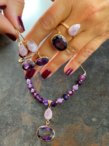 Doğaltaş Gümüş Pembe Kuvars Ametist Taşlı Set