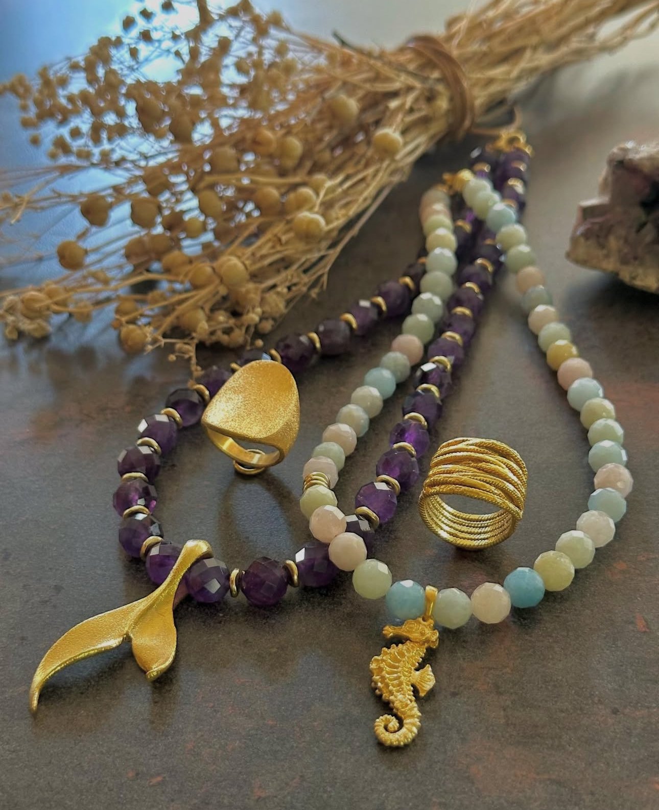 Doğaltaş Gümüş Ametist Morganit Set