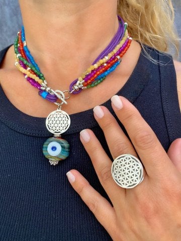 925 Ayar Gümüş Yaşam Çiçeği Gerçek Taş nazar Kolye