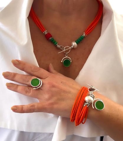 Doğaltaş Gümüş Yeşil Akik Somon Mercan İnci Yeşil Turkuaz Set