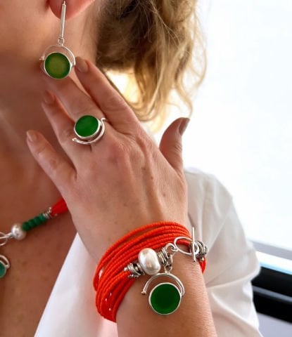 Doğaltaş Gümüş Yeşil Akik Somon Mercan İnci Yeşil Turkuaz Set