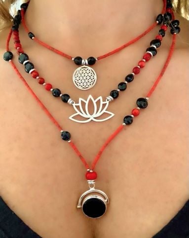 Doğaltaş Gümüş Yaşam Çiçeği Lotus Çiçeği Onix Mercan Kolye Kombin Set
