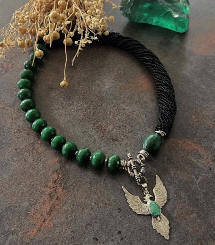 925 Ayar Gümüş Anka Kuşu Yeşim Onix Taş Kolye