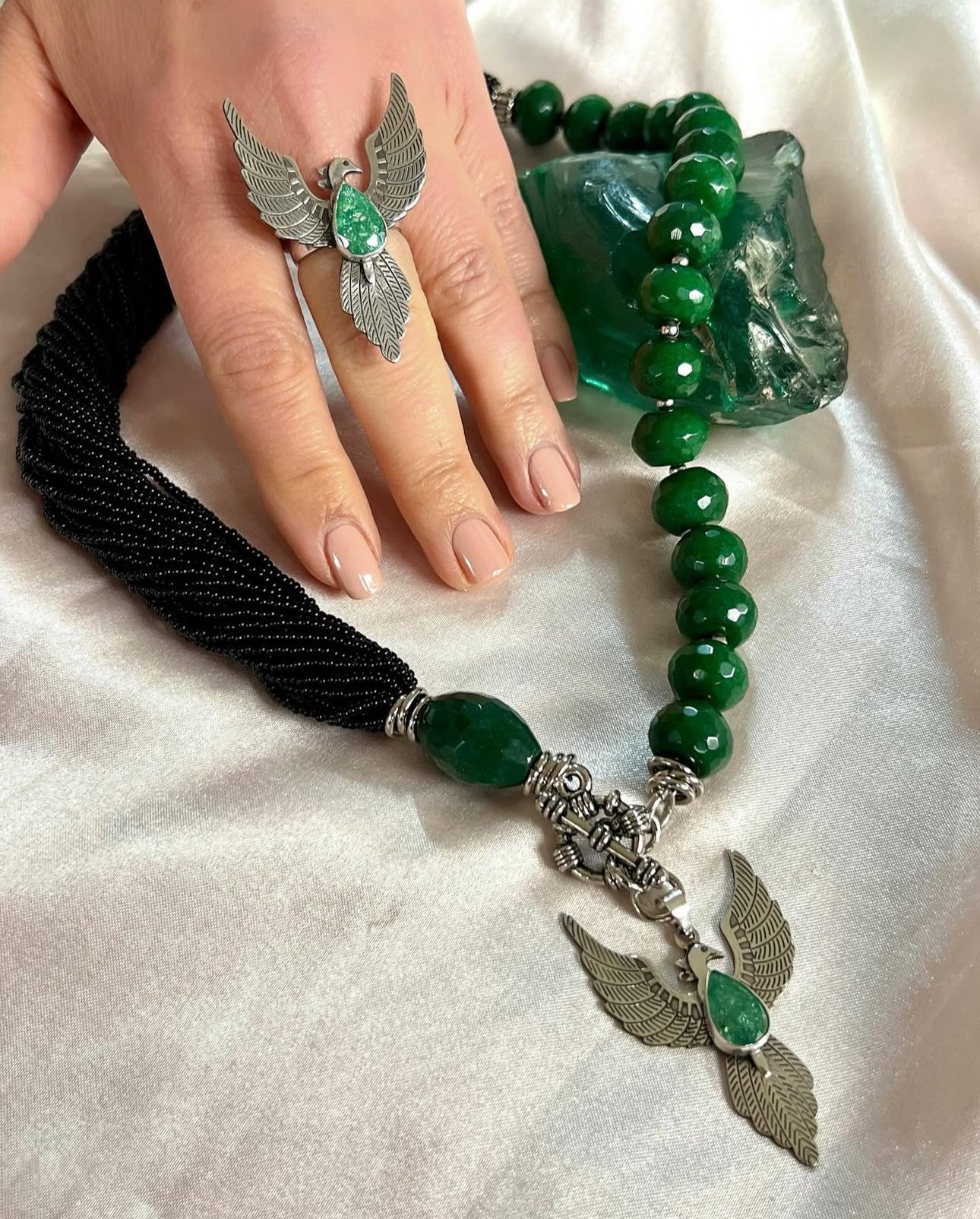 925 Ayar Gümüş Anka Kuşu Yeşim Onix Set