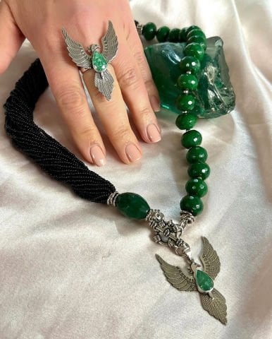 925 Ayar Gümüş Anka Kuşu Yeşim Onix Set