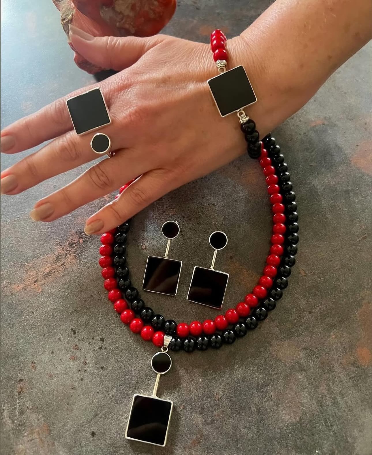 925 Ayar Gümüş Onix Mercan Set