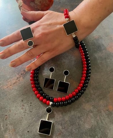 925 Ayar Gümüş Onix Mercan Set