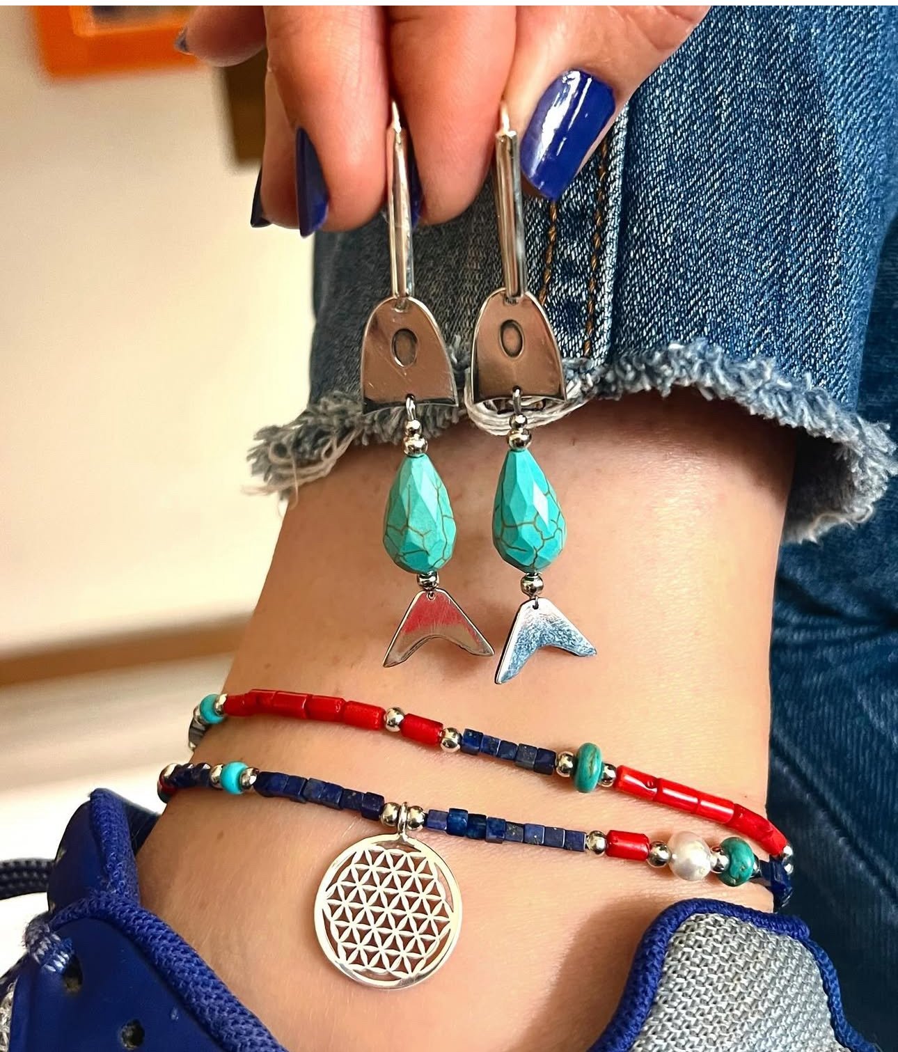 925 Ayar Gümüş Yaşam Çiçeği Balık Halhal Küpe Takı Set