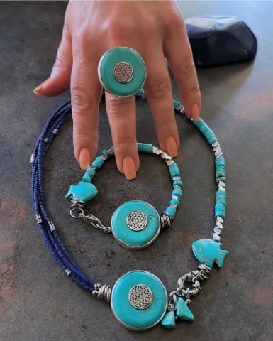 925 Ayar Gümüş Turkuaz Yaşam Çiçeği Set
