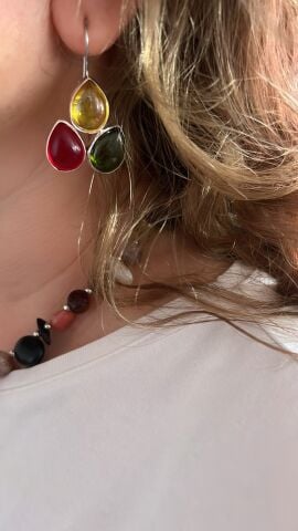 925 Ayar Gümüş Lal Peridot Sitrin Taşlı Küpe