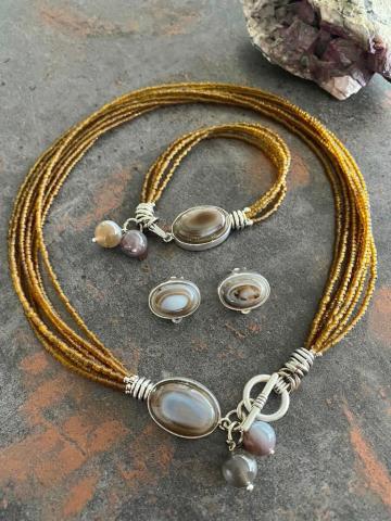 Doğaltaş Gümüş Bosvana Akik Taşlı Set