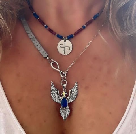 925 Ayar Gümüş Özel Tasarım Aşk ve Anka Kuşu Hematit ve Zincirli İkili Kolye Kombin