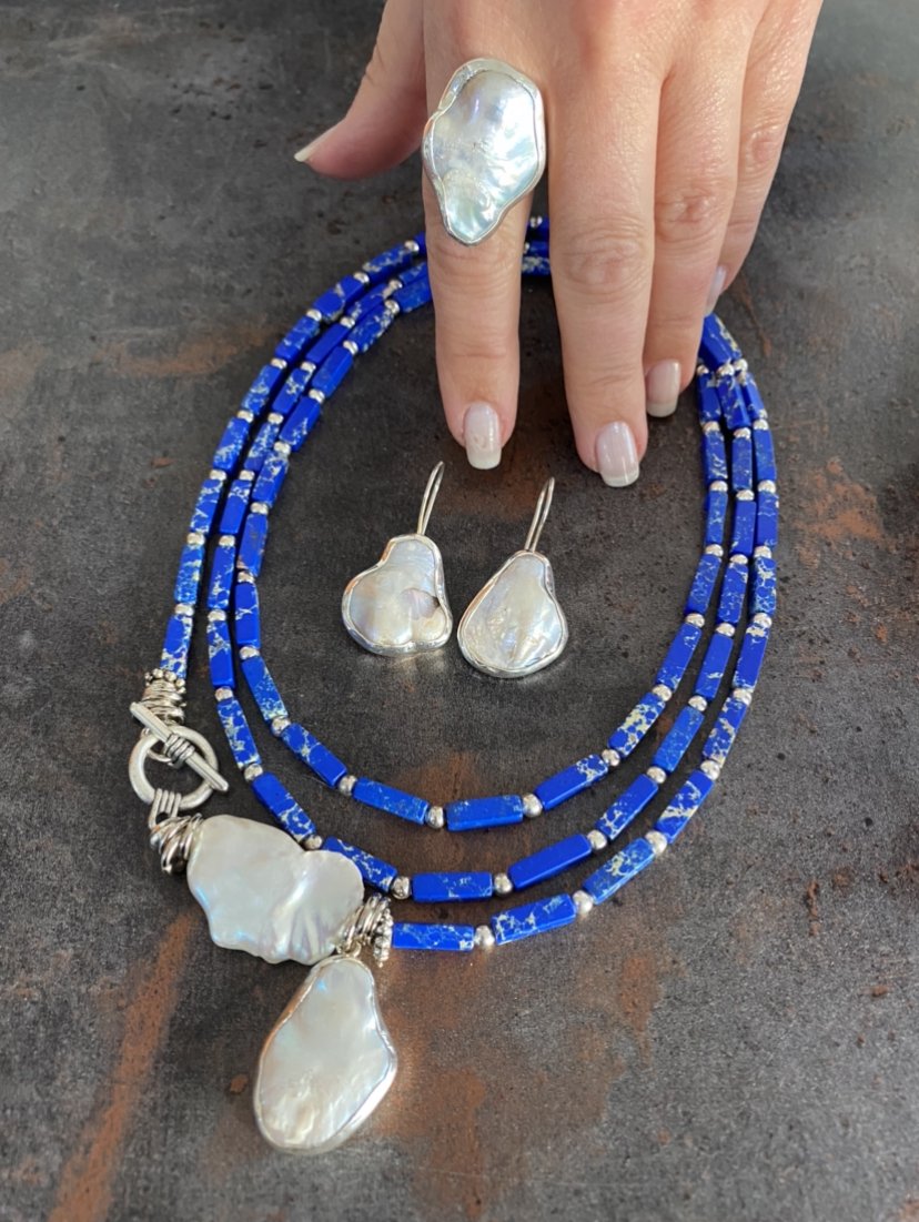 Doğaltaş Gümüş Barok İncili Varisit Taşlı Set