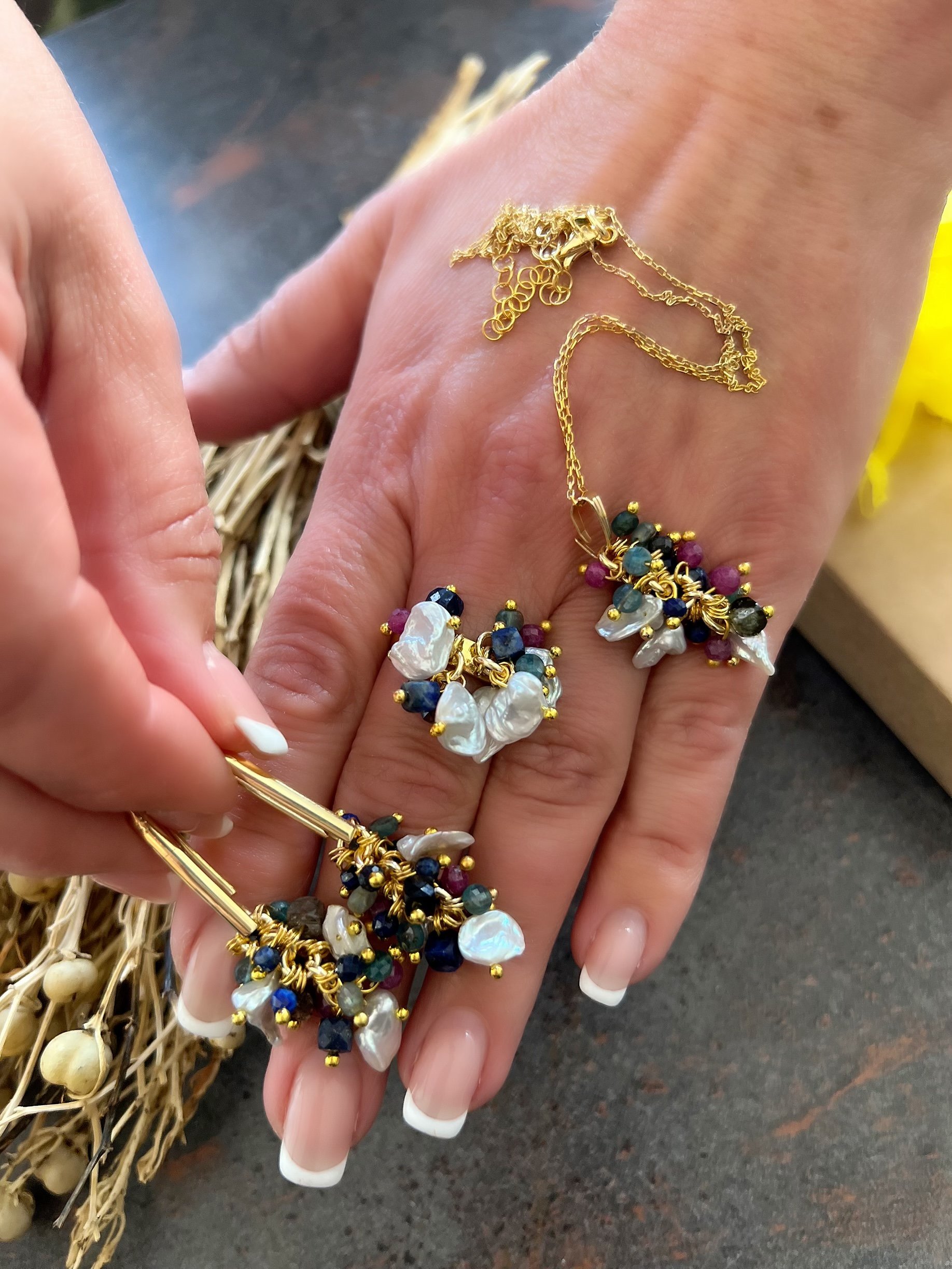 Doğaltaş Gümüş Gold Üzüm Salkımı Gerçek Taş Set