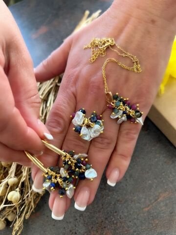 Doğaltaş Gümüş Gold Üzüm Salkımı Gerçek Taş Set