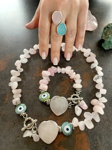 925 Ayar Gümüş Pembe Kuvars Nazarlı Kolye