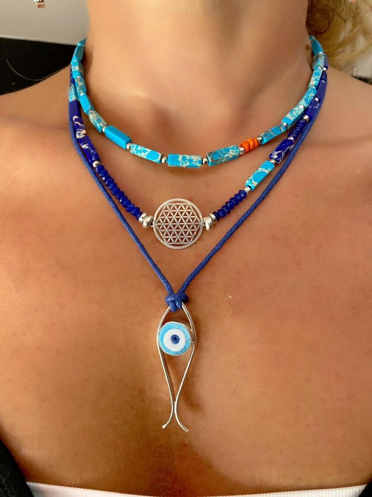 925 Ayar Gümüş Balık Nazar Yaşam Çiçeği Turkuaz Üçlü Kolye Konsept Set