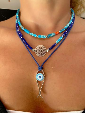 925 Ayar Gümüş Balık Nazar Yaşam Çiçeği Turkuaz Üçlü Kolye Konsept Set