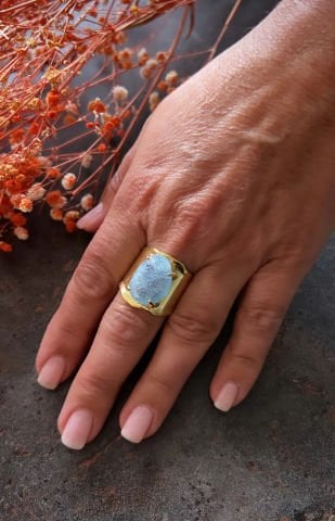 925 Ayar Gümüş Özel Tasarım Gold Akuamarin Yüzük