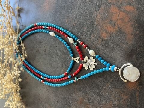 Doğaltaş Gümüş Harf Yonca ve Sedef İnci Turkuaz Mercan Kolye Kombin Set