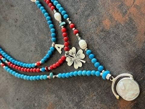 Doğaltaş Gümüş Harf Yonca ve Sedef İnci Turkuaz Mercan Kolye Kombin Set