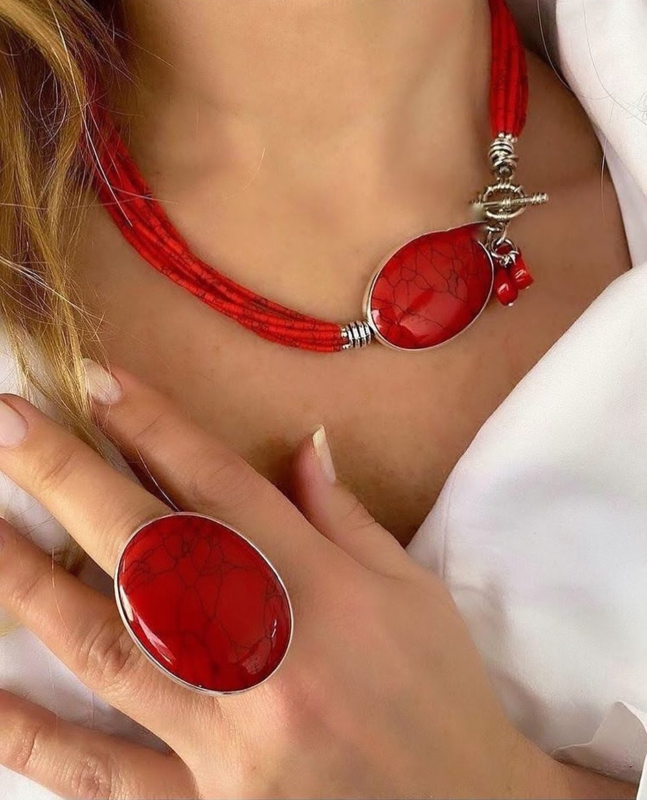 Doğaltaş Gümüş 925 Ayar Gümüş Kök Mercan Taşlı Set