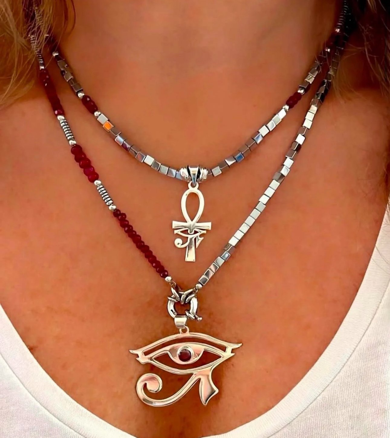 925 Ayar Gümüş Ankh ve Göz Lal Hematit Kolye Kombin