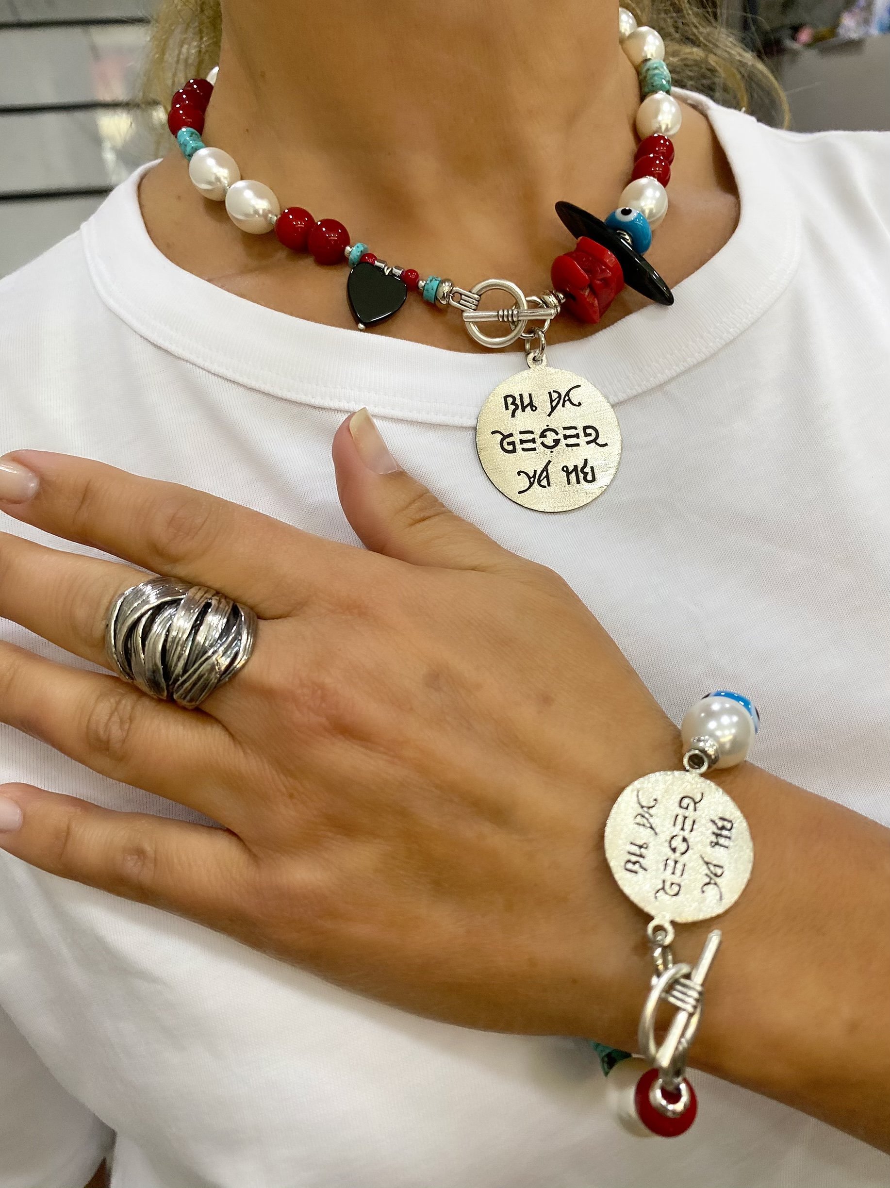 925 Ayar Gümüş Özel Tasarım Buda Geçer Yahu İnci Mercan Onix Nazar Bileklik