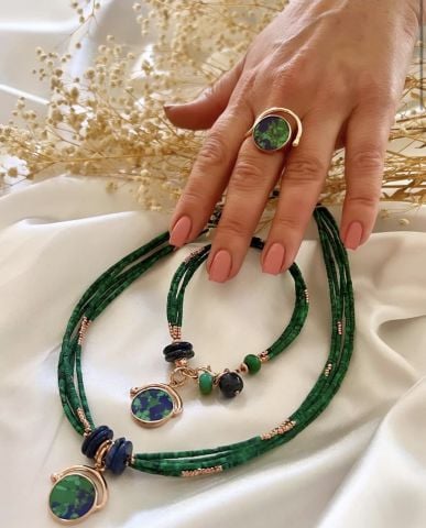 Doğaltaş Gümüş Rose Malakit Taşlı Set