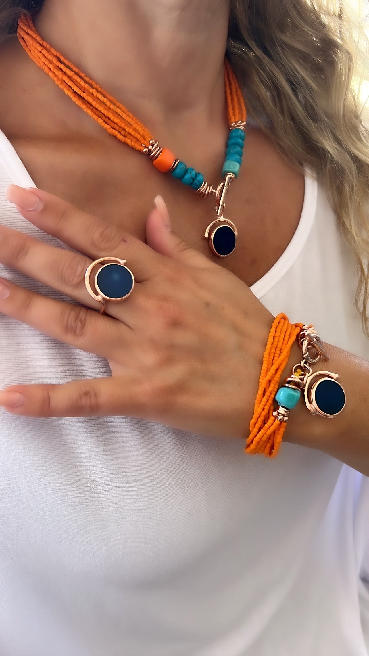 Doğaltaş Gümüş Rose Mavi Kuvars Somon Mercan Set