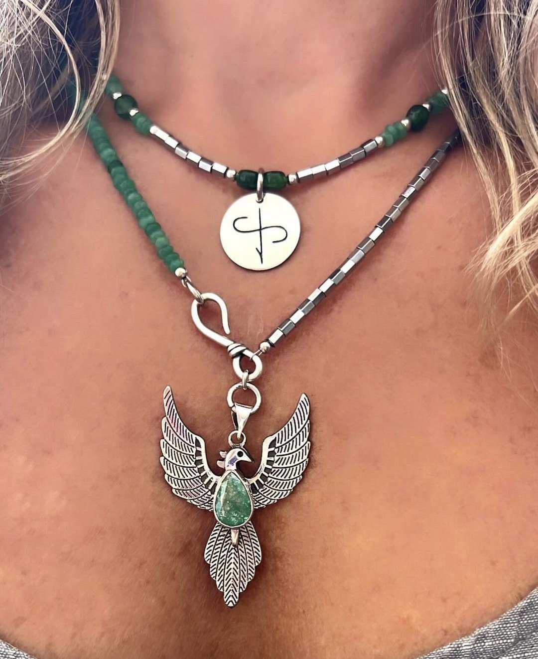 925 Ayar Gümüş Aşk ve Anka Kuşu Kök Zümrüt Hematit Taşlı Kolye Kombin
