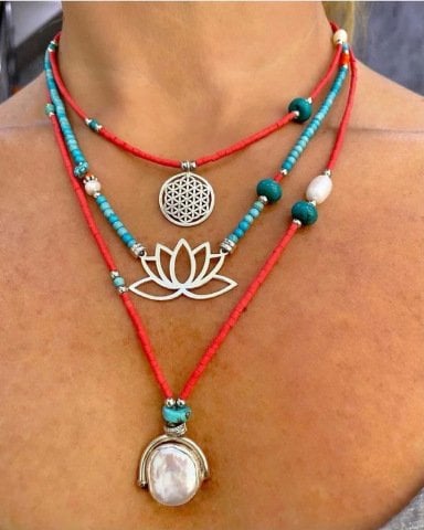 925 Ayar Gümüş Gerçek Taşlardan Oluşan Yaşam Çiçeği Lotus Çiçeği Sedefli Kolye Kombin Set