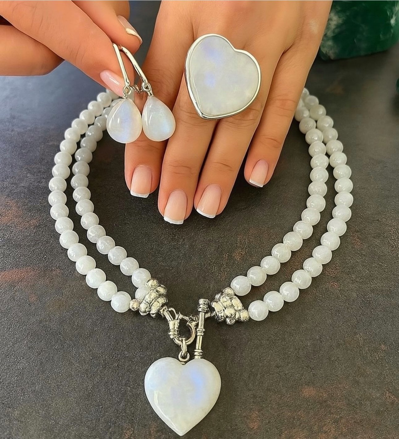 Doğaltaş Gümüş Aytaşı Kalp Set