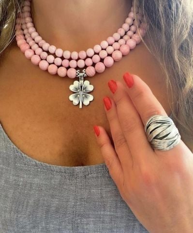 925 Ayar Gümüş Yonca Pembe Mercan Kolye