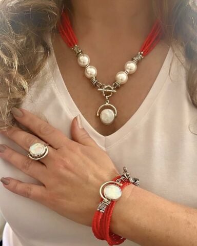 925 Ayar Gümüş Kök Mercan İnci Set