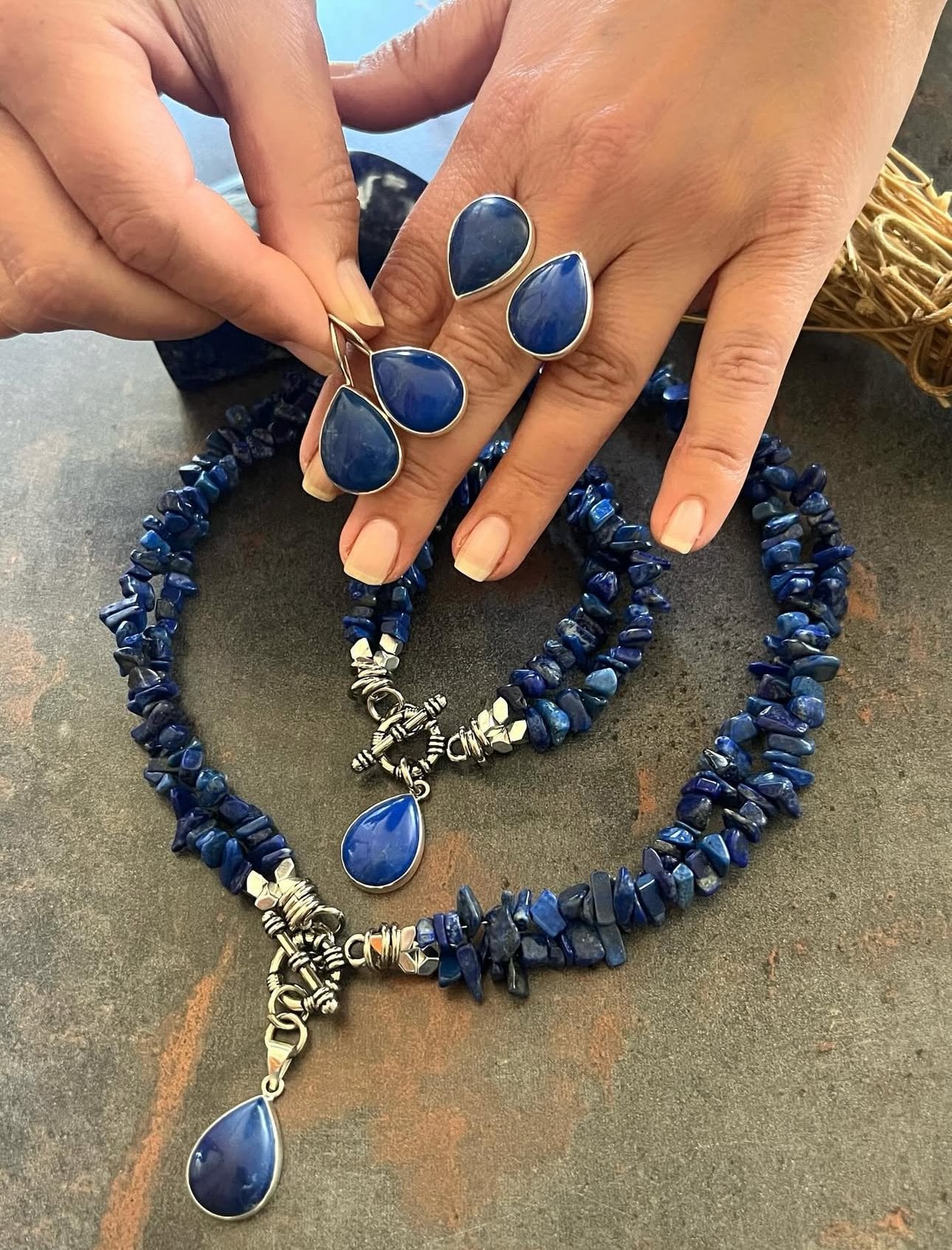 Doğaltaş Gümüş Lapislazuli Taşlı Set