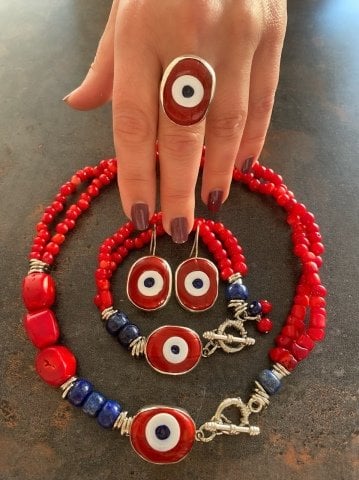 Doğaltaş Gümüş Nazar Turkuaz Lapislazuli Taşlı Set