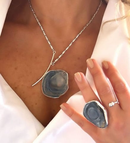 Doğaltaş Gümüş Kalsedon Taşlı Kolye ve Yüzük Set