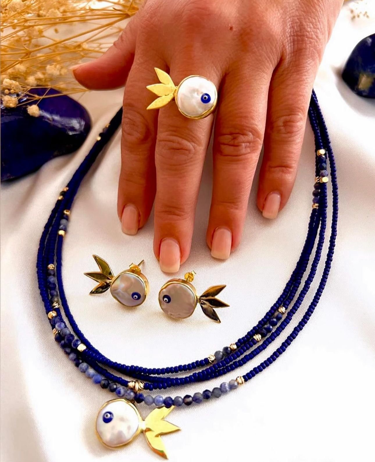 Doğaltaş Gümüş Balık Sedef Nazar Set