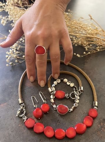 Doğaltaş Gümüş Kök Mercan Taşlı Set